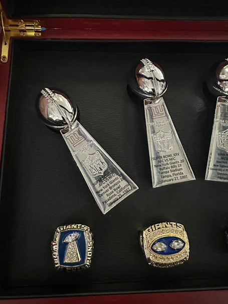 NY Giants 8 Piece Replica Super Bowl Ring & Trophy Set with Display Case