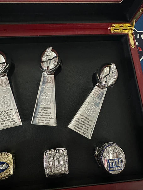 NY Giants 8 Piece Replica Super Bowl Ring & Trophy Set with Display Case